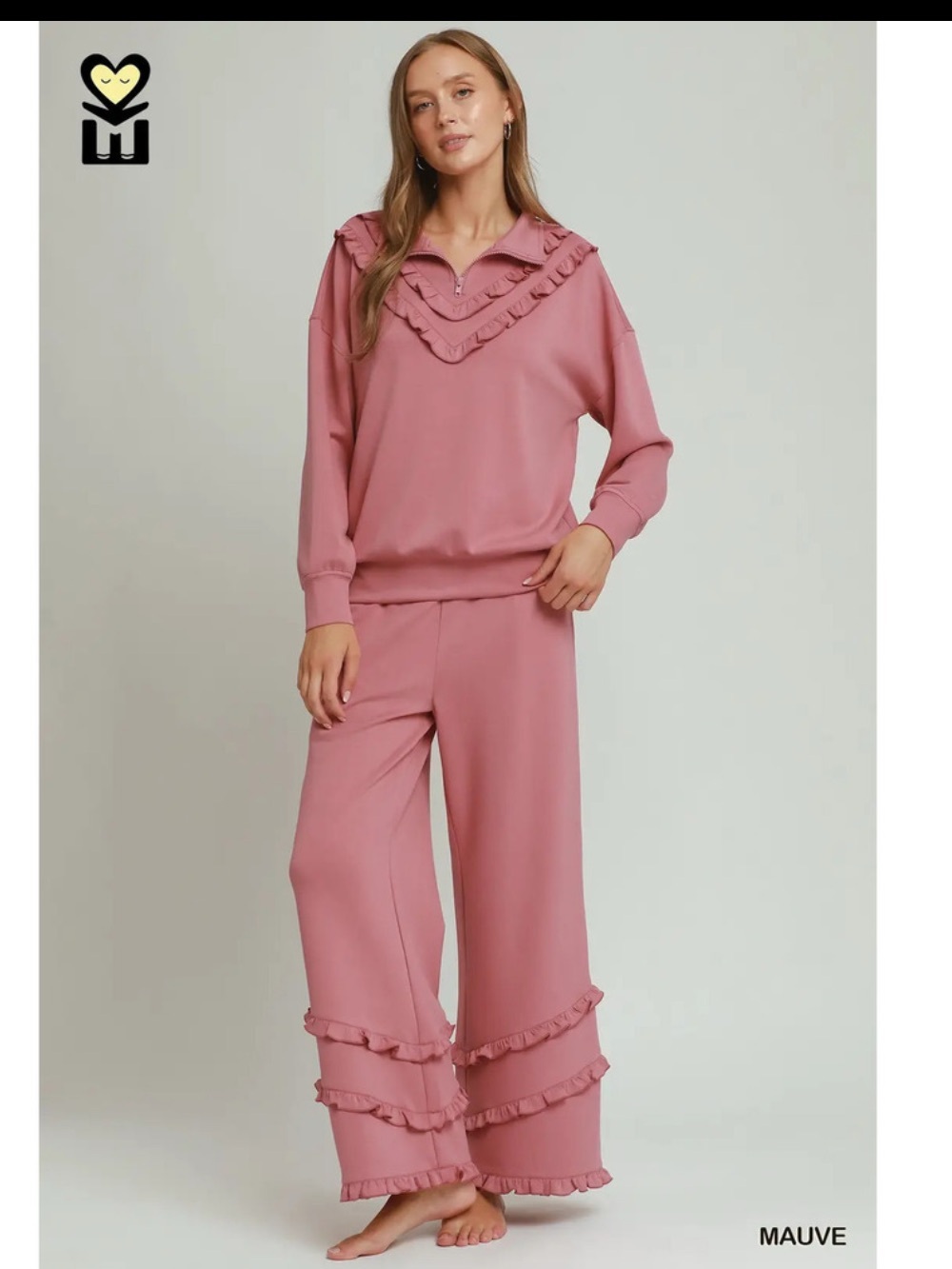 H1034-TP MAUVE Umgee MOHMe Ruffle Drawstring Bottom & Qrtr Zip Top Var Sizes - Picture 1 of 11